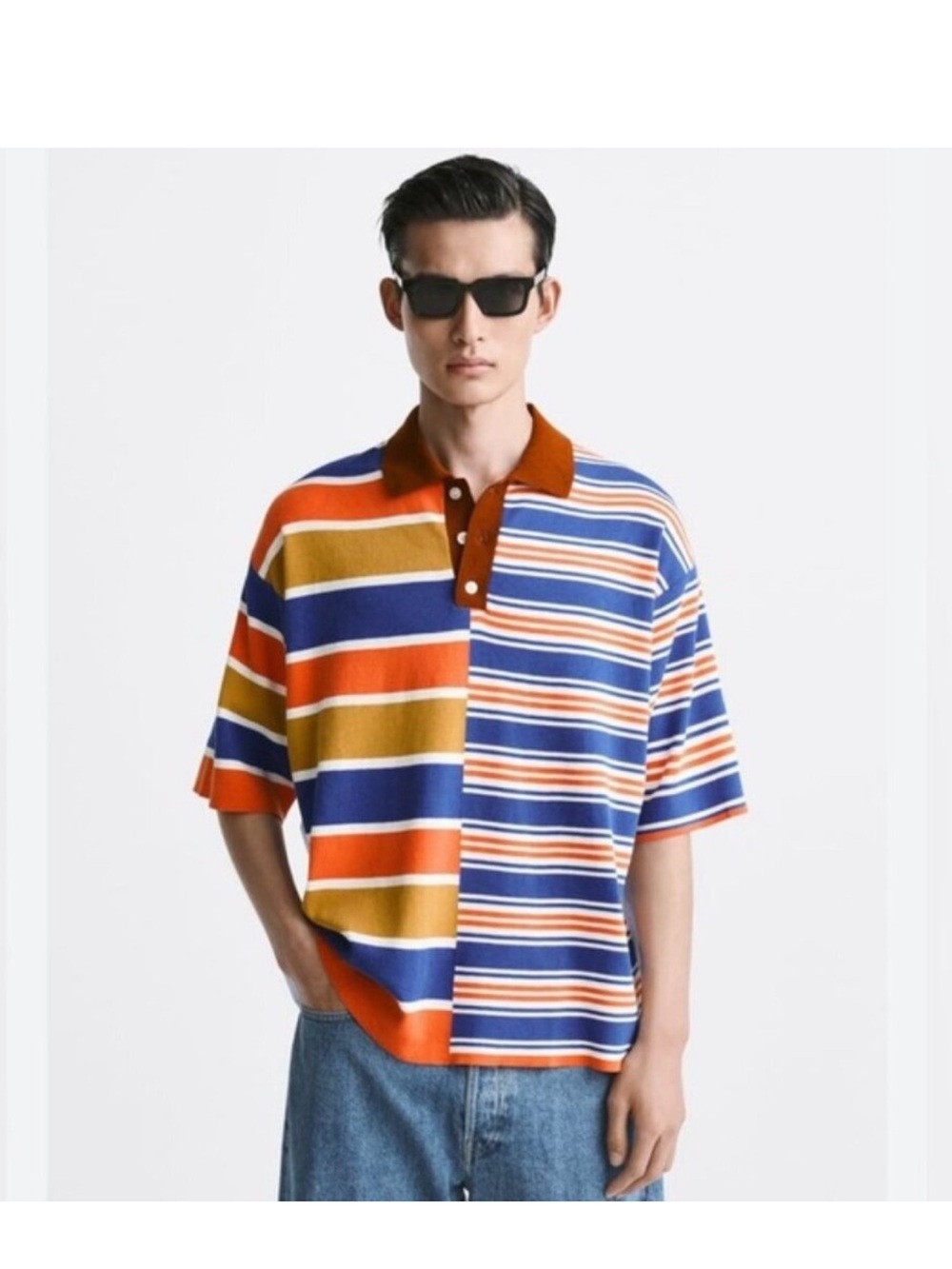 Zara Colorblock Striped Polo in Orange, Blue, Mustard and White